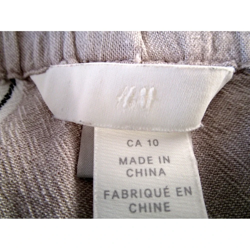 H&M Linen Blend Paper Bag Striped Women's Pant Size 10 Beige Coastal Boho